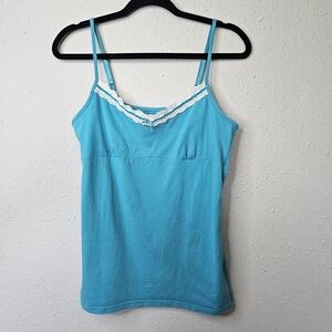 Faded Glory Cami Womens Large 12/14  Blue White Tank Top Y2K Babydoll VNeck Lace